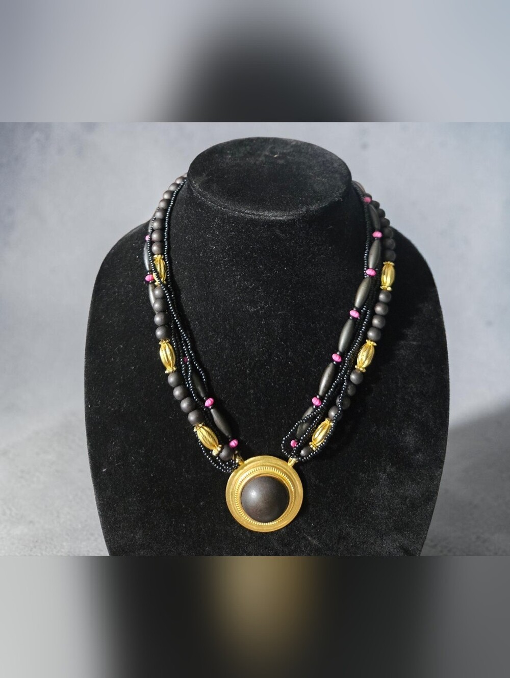 Casual Corner Vintage Black and Gold Multi-Strand Statement Necklace